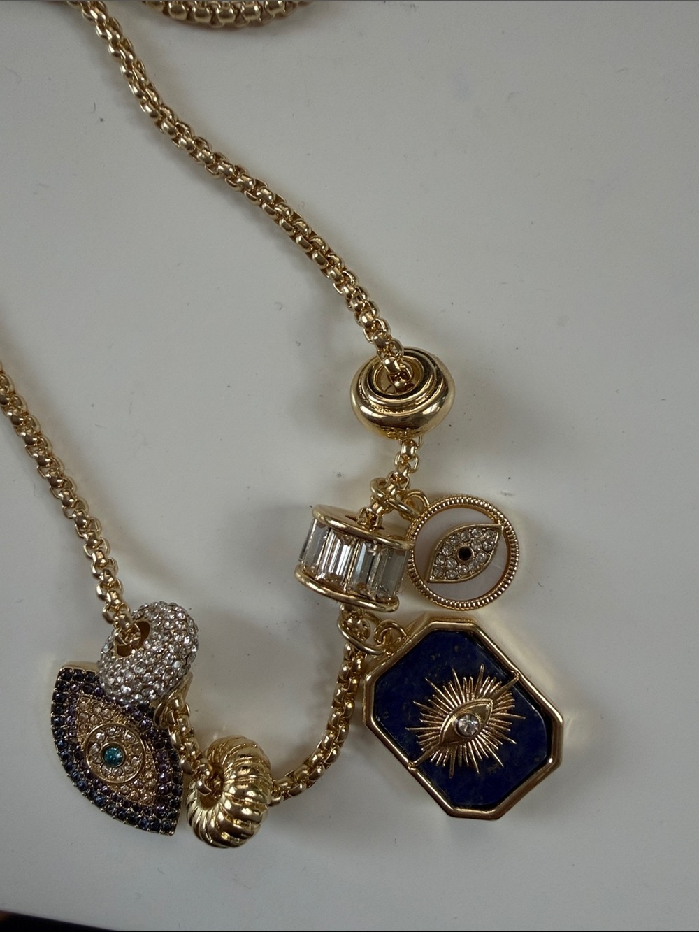 Gold-Tone Multi Charm Pendant Necklace with Blue Enamel and Crystal Accents